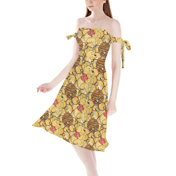 Strapless Bardot Midi Dress - Sketched Pooh in the Honey Tree