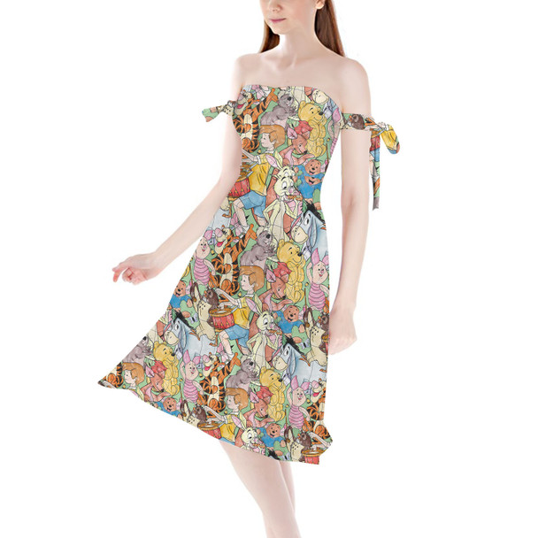 Strapless Bardot Midi Dress - Sketched Pooh Characters