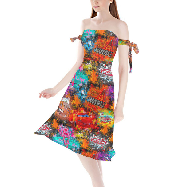 Strapless Bardot Midi Dress - Watercolor Pixar Cars