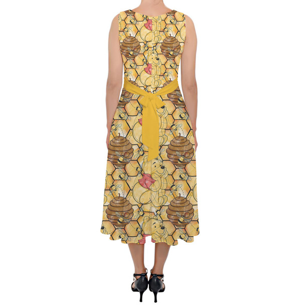 Belted Chiffon Midi Dress - Sketched Pooh in the Honey Tree