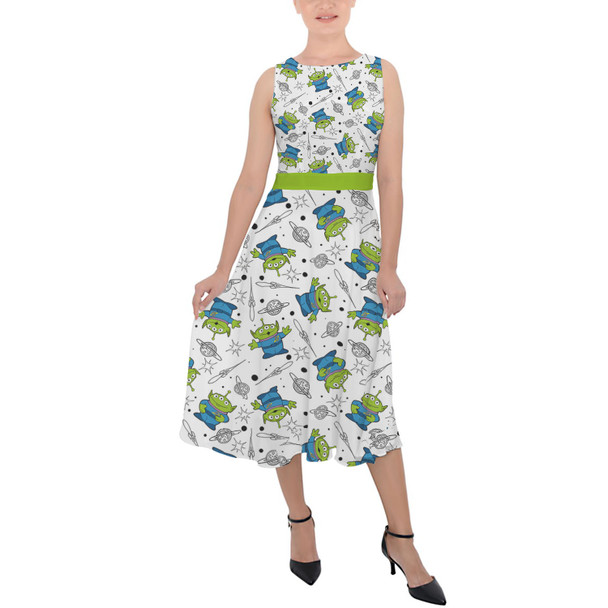 Belted Chiffon Midi Dress - Little Green Aliens on White