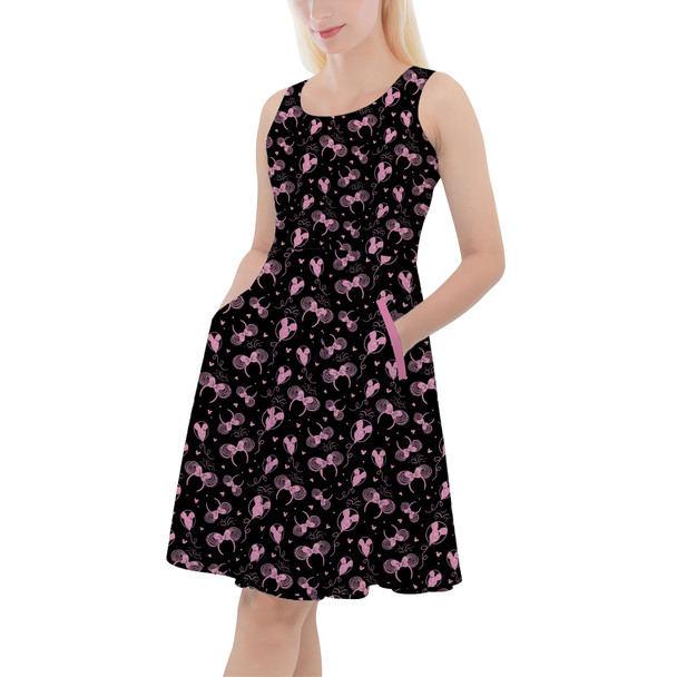 Skater Dress with Pockets - Pink Glitter Minnie Ears and Mickey Balloons