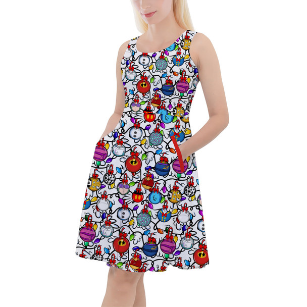 Skater Dress with Pockets - Disney Christmas Baubles on White