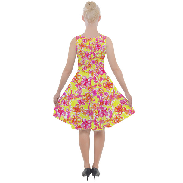 Skater Dress with Pockets - Neon Tropical Floral Mickey & Friends