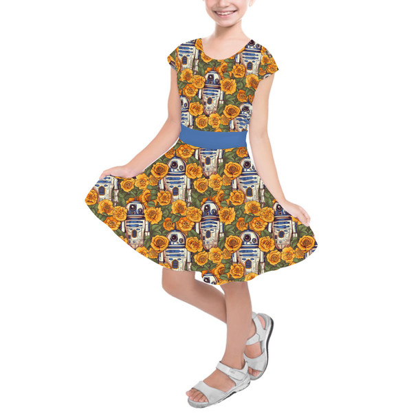 Girls Short Sleeve Skater Dress - Retro Floral R2D2 Droid