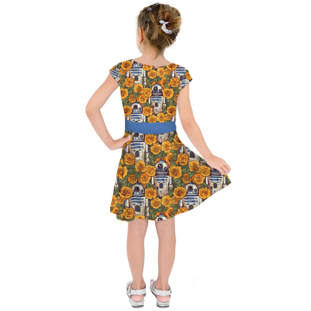 Girls Short Sleeve Skater Dress - Retro Floral R2D2 Droid