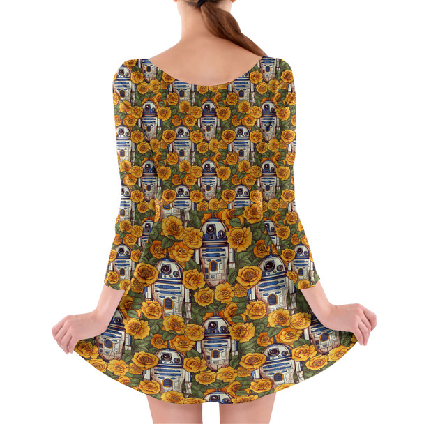 Longsleeve Skater Dress - Retro Floral R2D2 Droid