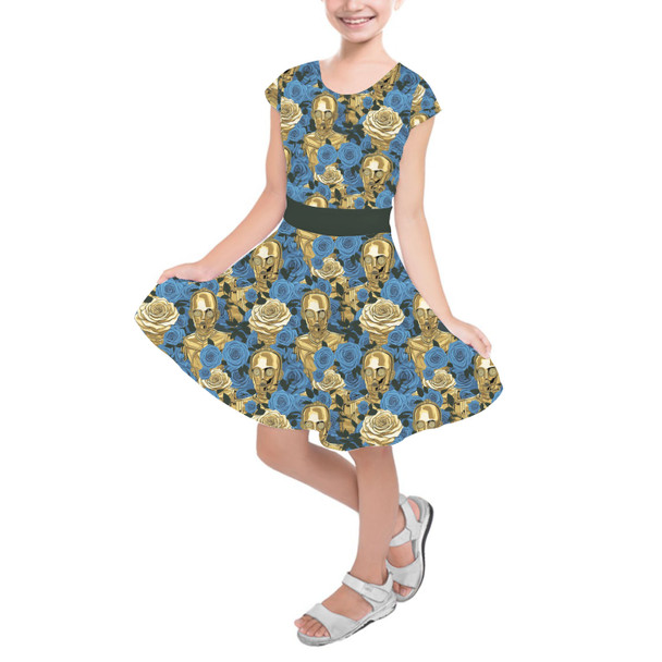 Girls Short Sleeve Skater Dress - Retro Floral C3PO Droid