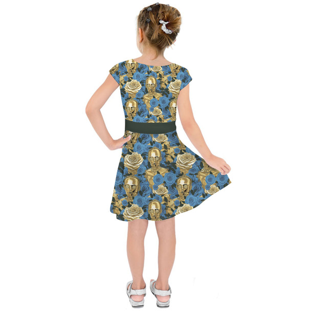 Girls Short Sleeve Skater Dress - Retro Floral C3PO Droid