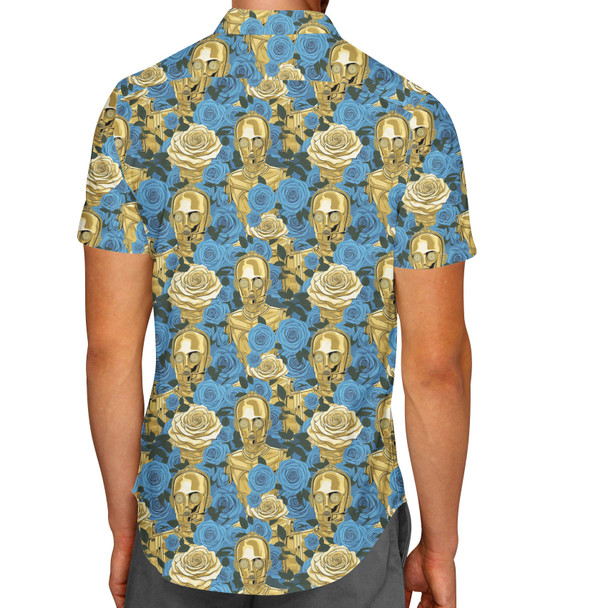 Men's Button Down Short Sleeve Shirt - Retro Floral C3PO Droid