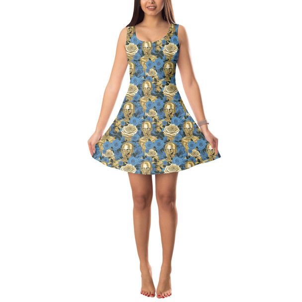 Sleeveless Flared Dress - Retro Floral C3PO Droid