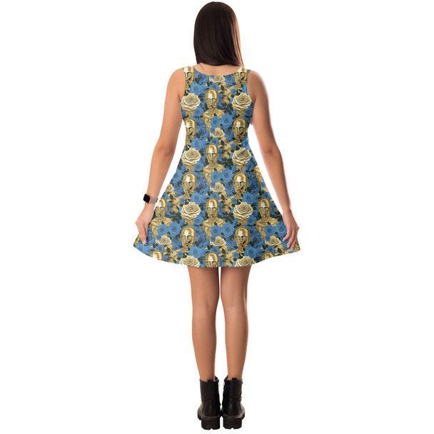 Sleeveless Flared Dress - Retro Floral C3PO Droid