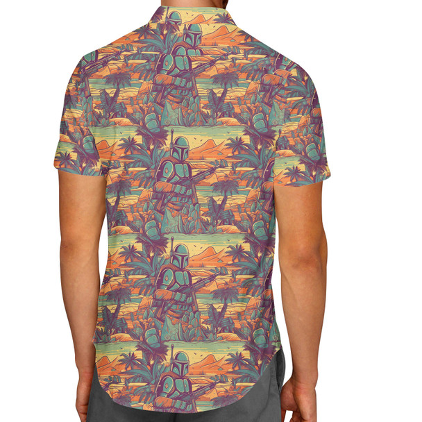 Men's Button Down Short Sleeve Shirt - Retro Mandalorian Beach Day