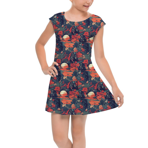 Girls Cap Sleeve Pleated Dress - Hawaiian Darth Vader