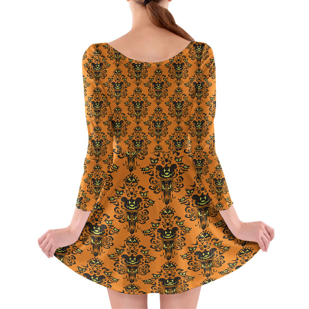 Longsleeve Skater Dress - Haunted Halloween Mansion Wallpaper