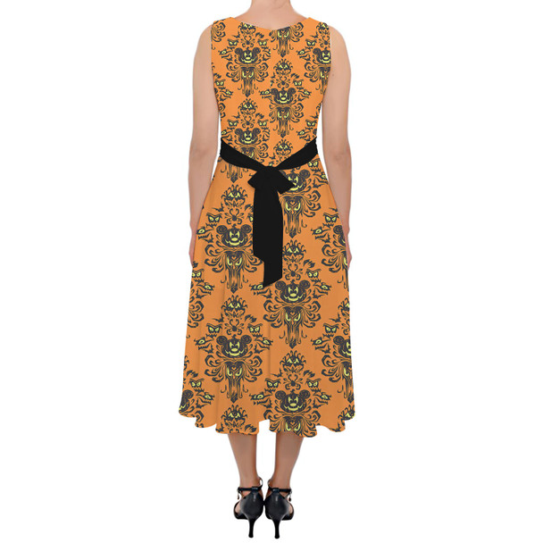 Belted Chiffon Midi Dress - Haunted Halloween Mansion Wallpaper