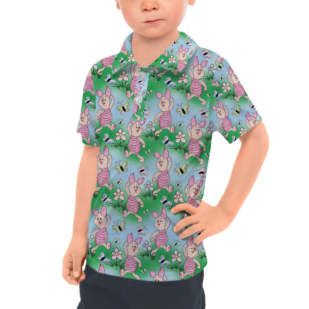 Kids Polo Shirt - Sketched Piglet and Butterflies