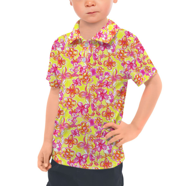 Kids Polo Shirt - Neon Tropical Floral Mickey & Friends