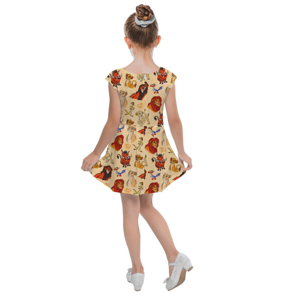 Girls Cap Sleeve Pleated Dress - Sketched Lion King Friends