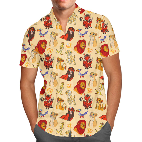 Men's Button Down Short Sleeve Shirt - Sketched Lion King Friends