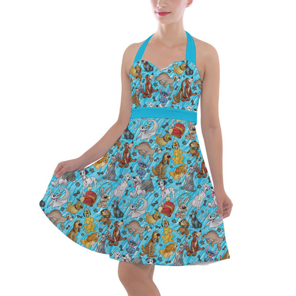 Halter Vintage Style Dress - Sketched Disney Dogs