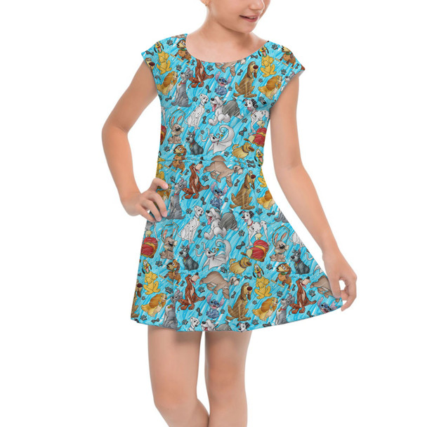 Girls Cap Sleeve Pleated Dress - Sketched Disney Dogs