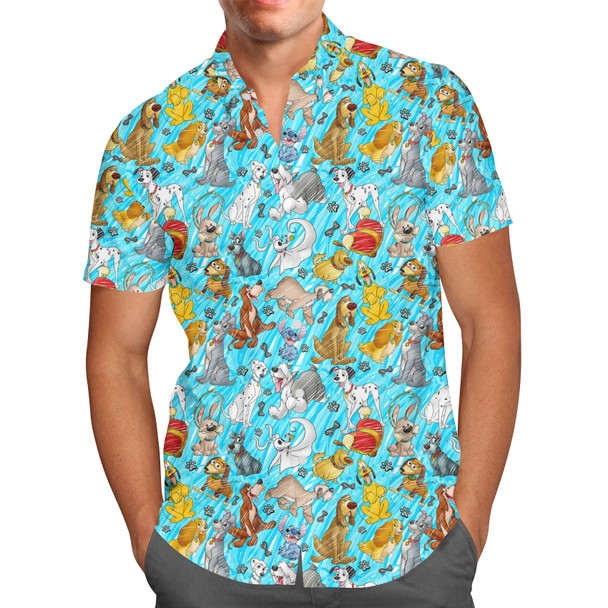 Men's Button Down Short Sleeve Shirt - Sketched Disney Dogs