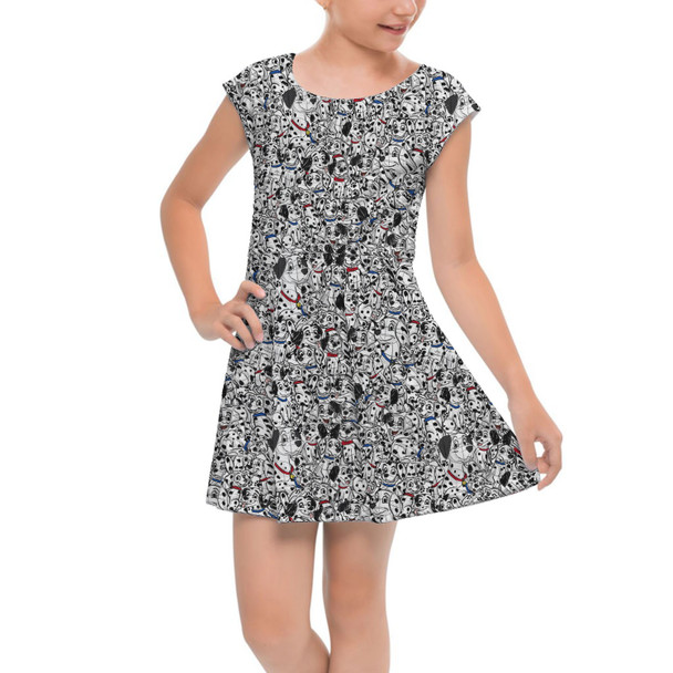Girls Cap Sleeve Pleated Dress - Sketched Dalmatians