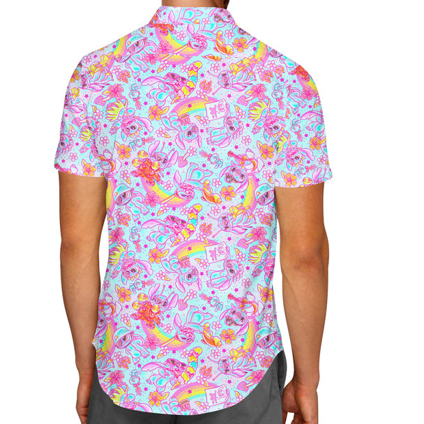 Men's Button Down Short Sleeve Shirt - Neon Rainbow Stitch