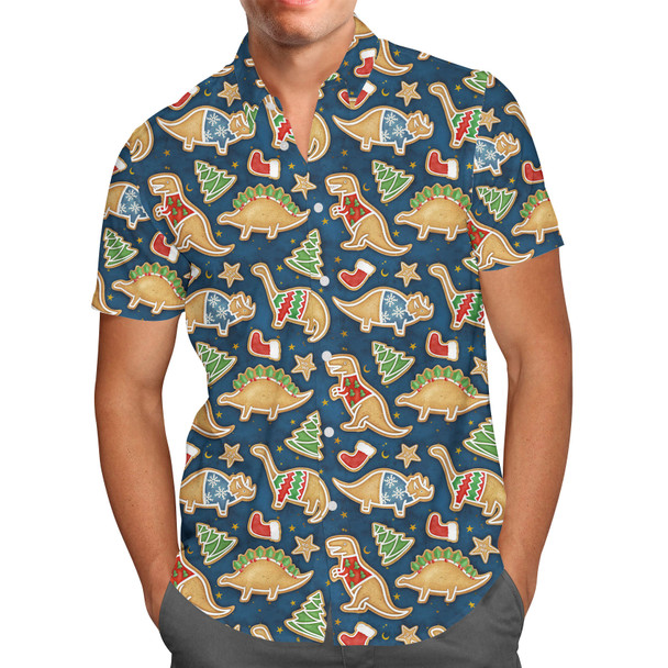 Men's Button Down Short Sleeve Shirt - Gingerbread Cookie Christmas Dinosaurs