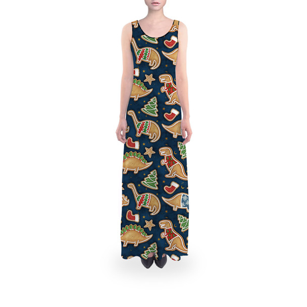 Flared Maxi Dress - Gingerbread Cookie Christmas Dinosaurs
