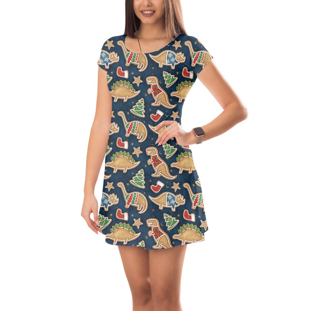 Short Sleeve Dress - Gingerbread Cookie Christmas Dinosaurs