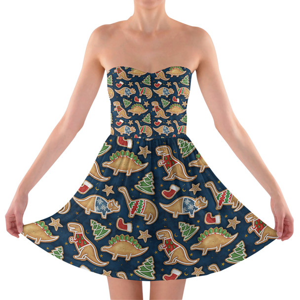 Sweetheart Strapless Skater Dress - Gingerbread Cookie Christmas Dinosaurs