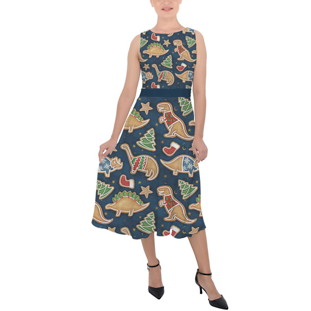 Belted Chiffon Midi Dress - Gingerbread Cookie Christmas Dinosaurs