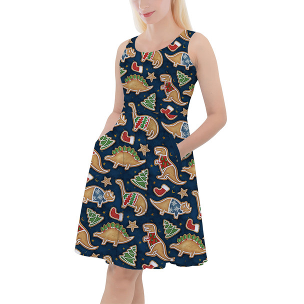 Skater Dress with Pockets - Gingerbread Cookie Christmas Dinosaurs