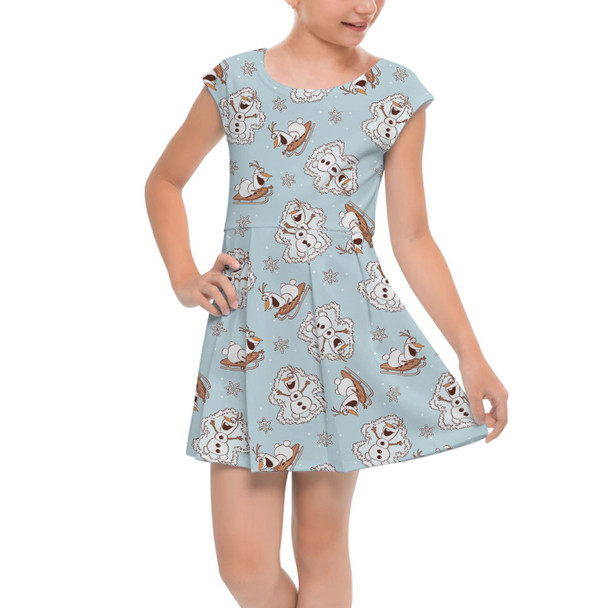 Girls Cap Sleeve Pleated Dress - Christmas Snow Angel Holiday Olaf