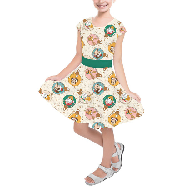 Girls Short Sleeve Skater Dress - Gold Mickey and Friends Christmas Baubles