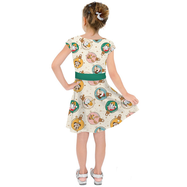 Girls Short Sleeve Skater Dress - Gold Mickey and Friends Christmas Baubles