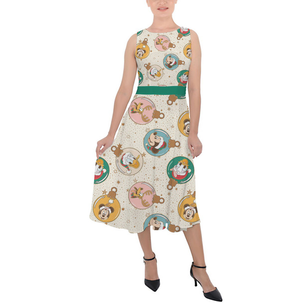 Belted Chiffon Midi Dress - Gold Mickey and Friends Christmas Baubles