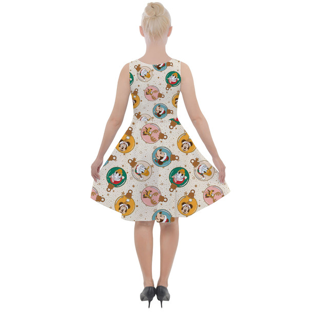 Skater Dress with Pockets - Gold Mickey and Friends Christmas Baubles