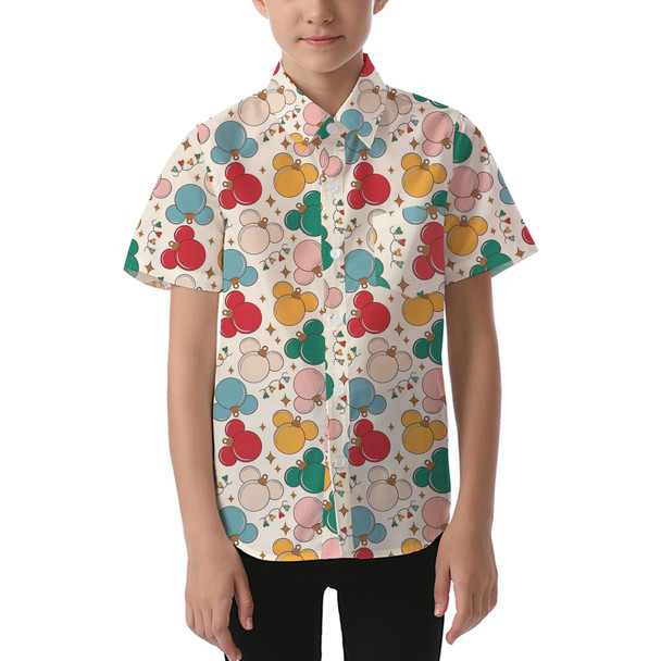 Kids' Button Down Short Sleeve Shirt - Gold Mouse Ear Christmas Baubles