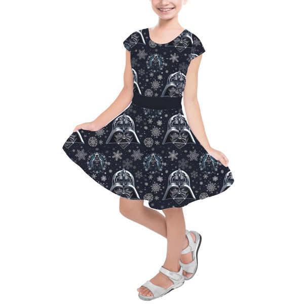 Girls Short Sleeve Skater Dress - Vader Winter Holiday Christmas Snowflakes