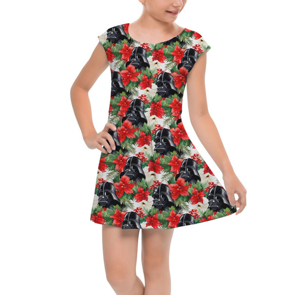 Girls Cap Sleeve Pleated Dress - Vader Holiday Christmas Poinsettias