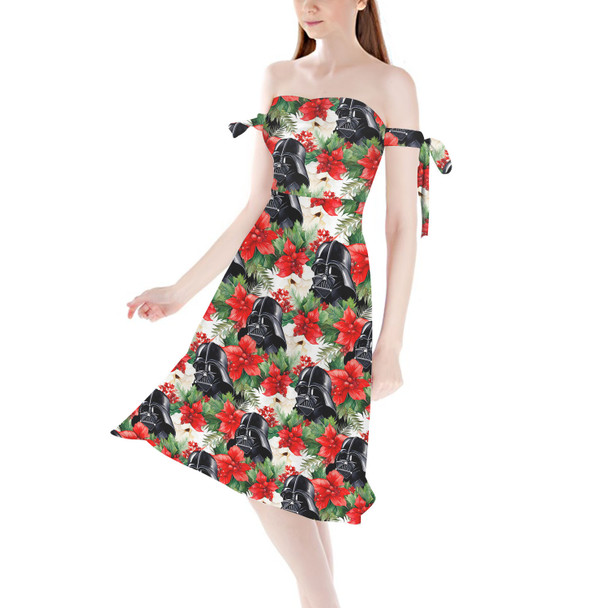 Strapless Bardot Midi Dress - Vader Holiday Christmas Poinsettias