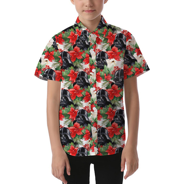 Kids' Button Down Short Sleeve Shirt - Vader Holiday Christmas Poinsettias