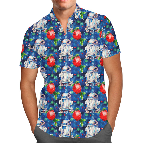 Men's Button Down Short Sleeve Shirt - Little Blue Christmas Droid