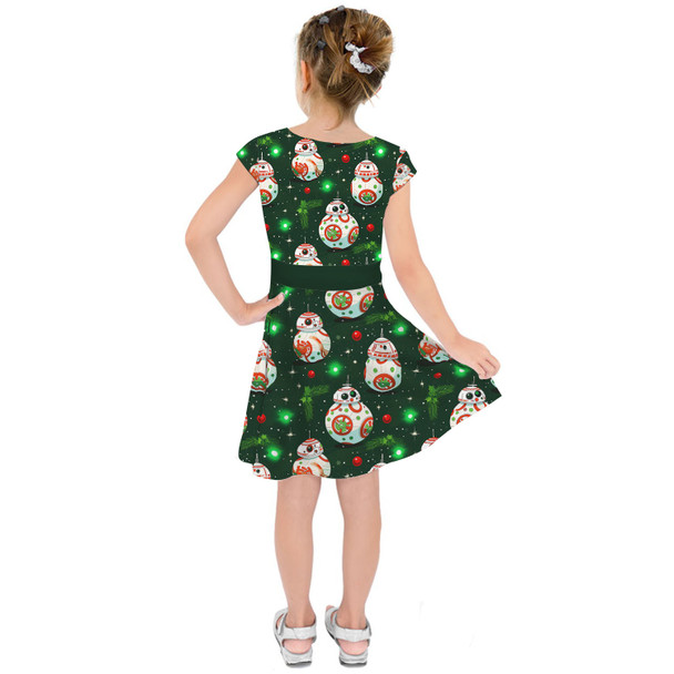 Girls Short Sleeve Skater Dress - Little Rolling Christmas Droid