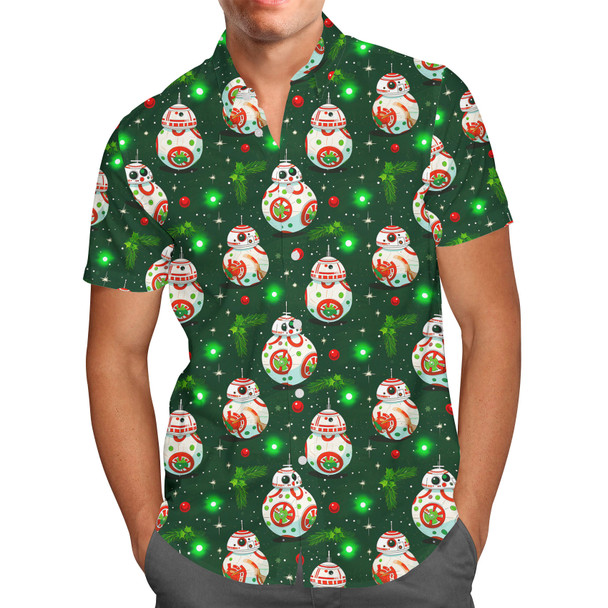 Men's Button Down Short Sleeve Shirt - Little Rolling Christmas Droid