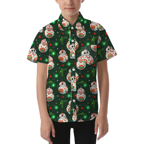 Kids' Button Down Short Sleeve Shirt - Little Rolling Christmas Droid