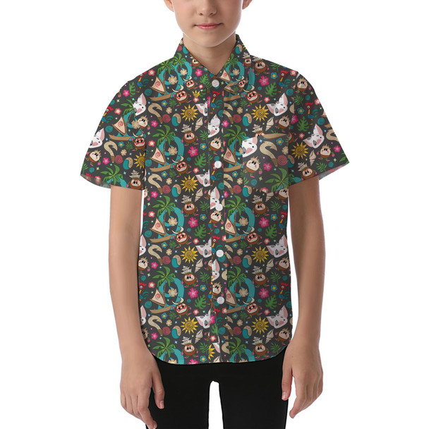 Kids' Button Down Short Sleeve Shirt - Polynesian Princess Icons